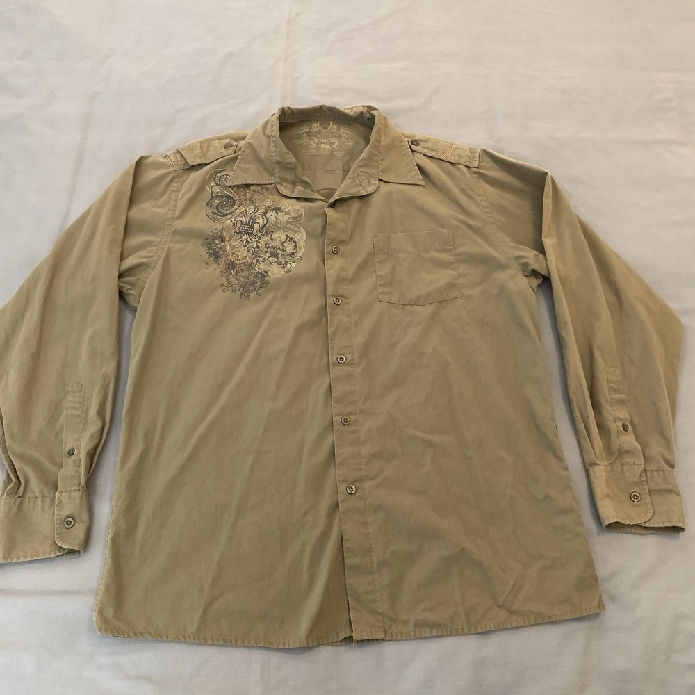 Summit Shirt Mens Large Beige Skull Graphic Long Sleeve Button‎ Front Casual